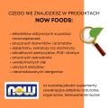 Infografika producenta NOW Foods – lista składników, których nie zawiera Pau Darco: barwniki, pestycydy, sterydy, alergeny.