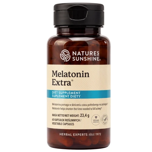 Melatonin Extra Nature’s Sunshine NSP – suplement diety z 3 mg melatoniny, witaminą E, miłorzębem i eleuterokokiem, 60 kapsułek.
