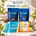 Zestaw Pro Active NSP Nature’s Sunshine z Power Meal czekoladowym i waniliowym, Collagen+ oraz Solstic Energy.