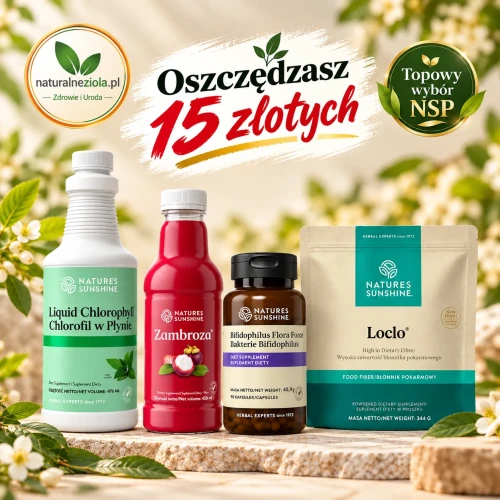 Zestaw Złota Czwórka Nature’s Sunshine – Chlorofil, Zambroza, Bifidophilus i Loclo. Cztery bestsellery NSP, oszczędzasz 15 zł!