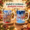Dwa wzory dużych kubków świątecznych do zestawu Herbaciane Święta – kamienica z dekoracjami i zimowa panorama Londynu.