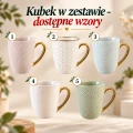 Pięć wzorów ceramicznych kubków ze złotymi uchwytami do wyboru w zestawie Słodki Gest.