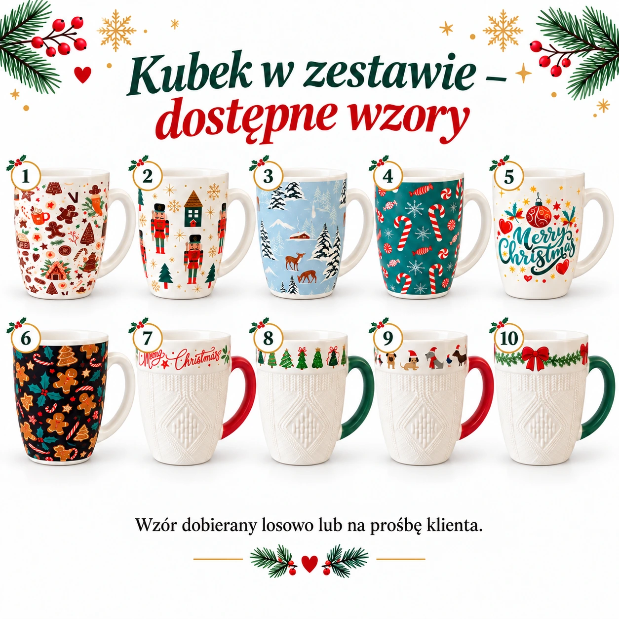Dziesięć wzorów kubków świątecznych do zestawu Chwila dla Serca, oznaczonych numerami od 1 do 10